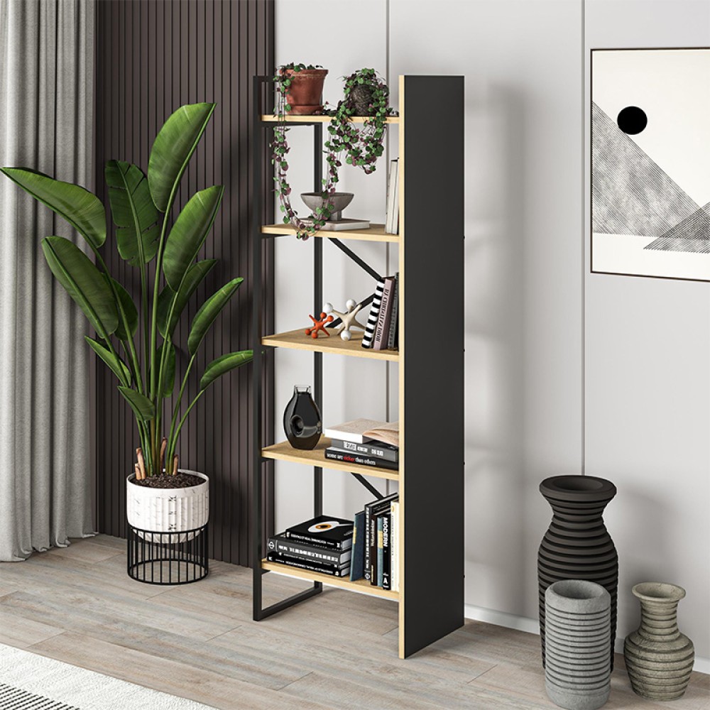 Βιβλιοθήκη Detroit Megapap χρώμα sapphire oak - silky black 58x35,2x175εκ.