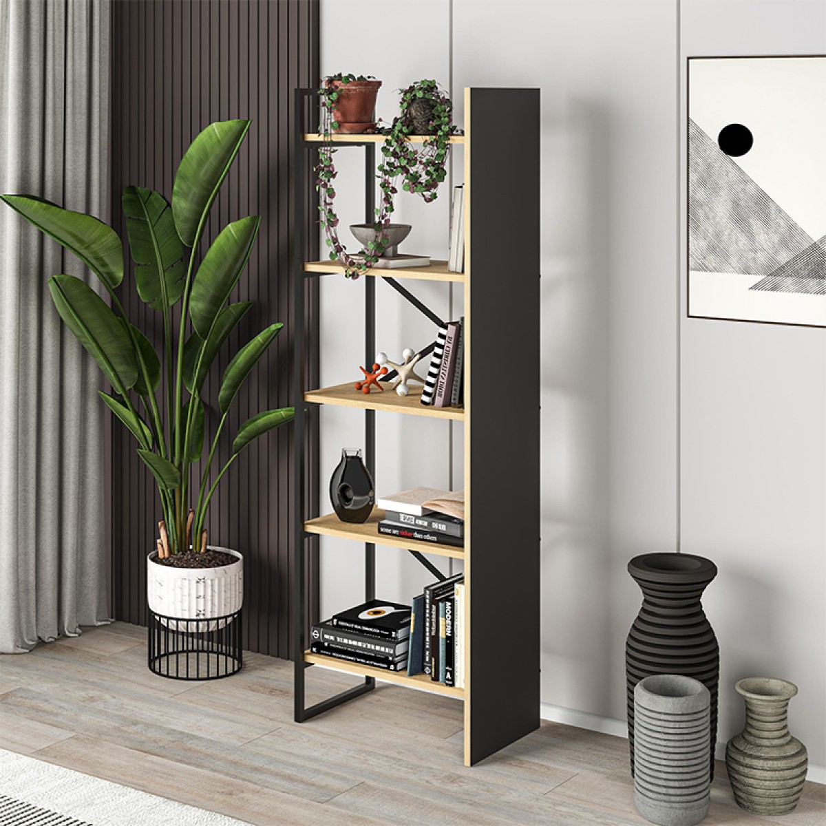 Βιβλιοθήκη Detroit Megapap χρώμα sapphire oak - silky black 58x35,2x175εκ.