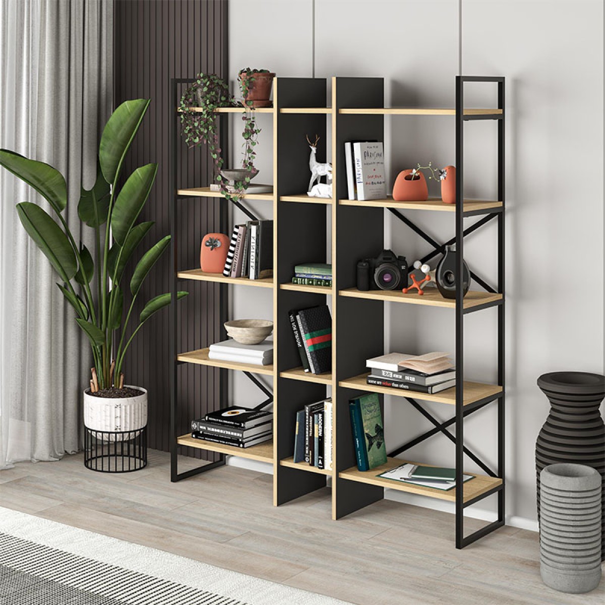 Βιβλιοθήκη Detroit Megapap χρώμα sapphire oak - silky black 143,5x35,2x175εκ.