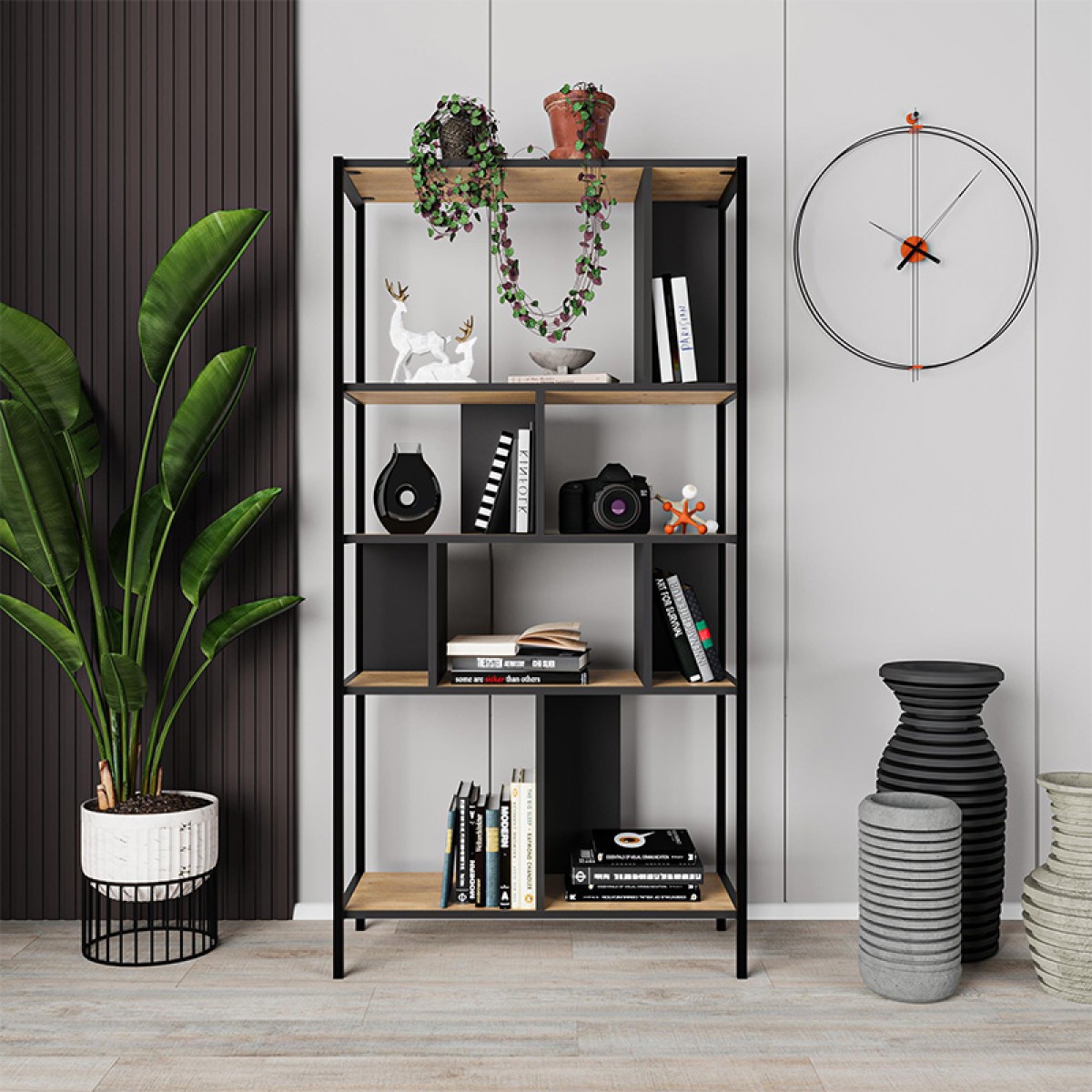 Βιβλιοθήκη Midi Megapap χρώμα sapphire oak - silky black 88x35x175εκ.