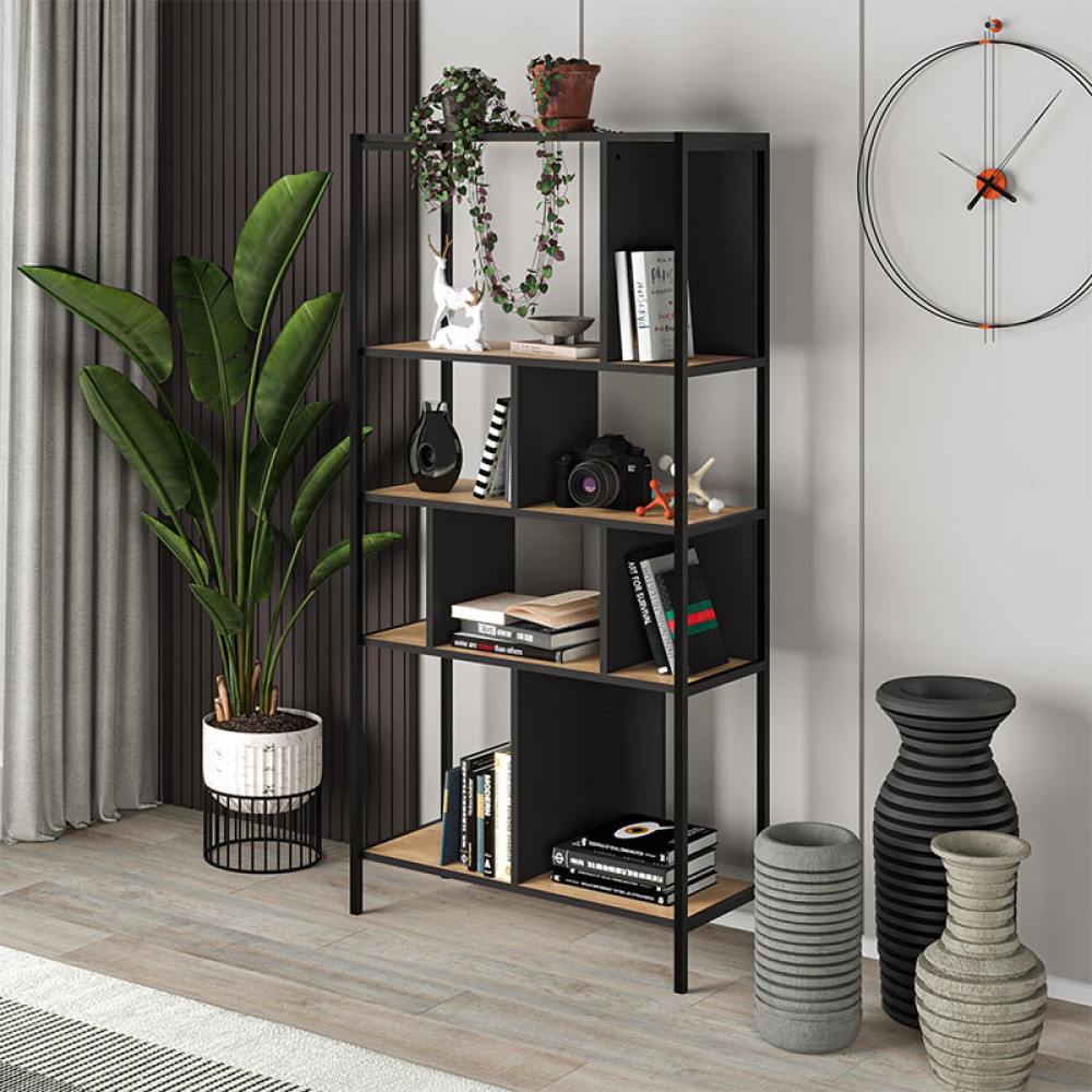 Βιβλιοθήκη Midi Megapap χρώμα sapphire oak - silky black 88x35x175εκ.