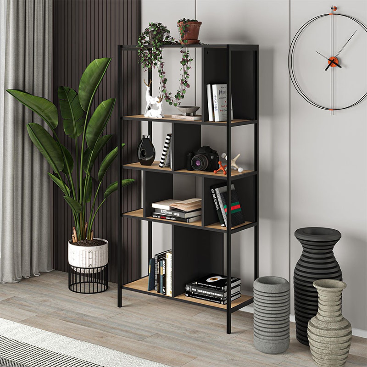 Βιβλιοθήκη Midi Megapap χρώμα sapphire oak - silky black 88x35x175εκ.
