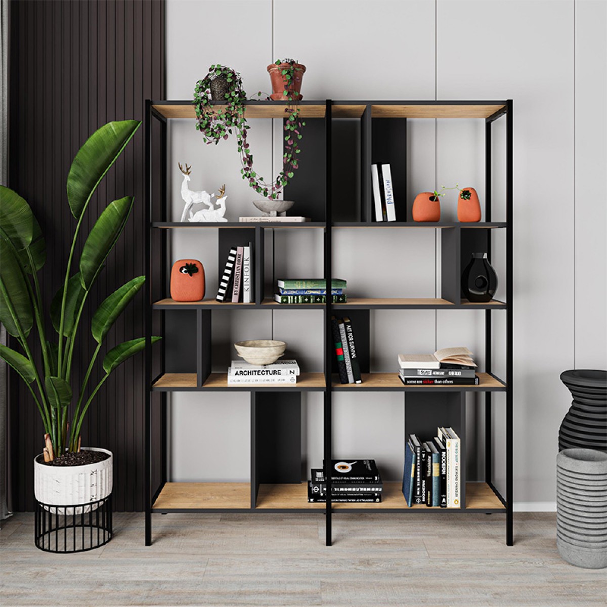 Βιβλιοθήκη Maxi Megapap χρώμα sapphire oak - silky black 144x35x175εκ.