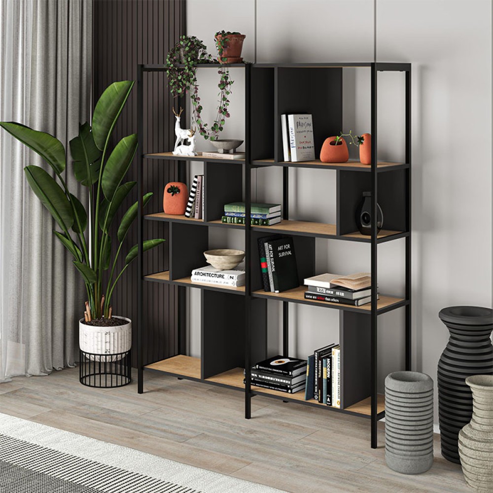 Βιβλιοθήκη Maxi Megapap χρώμα sapphire oak - silky black 144x35x175εκ.