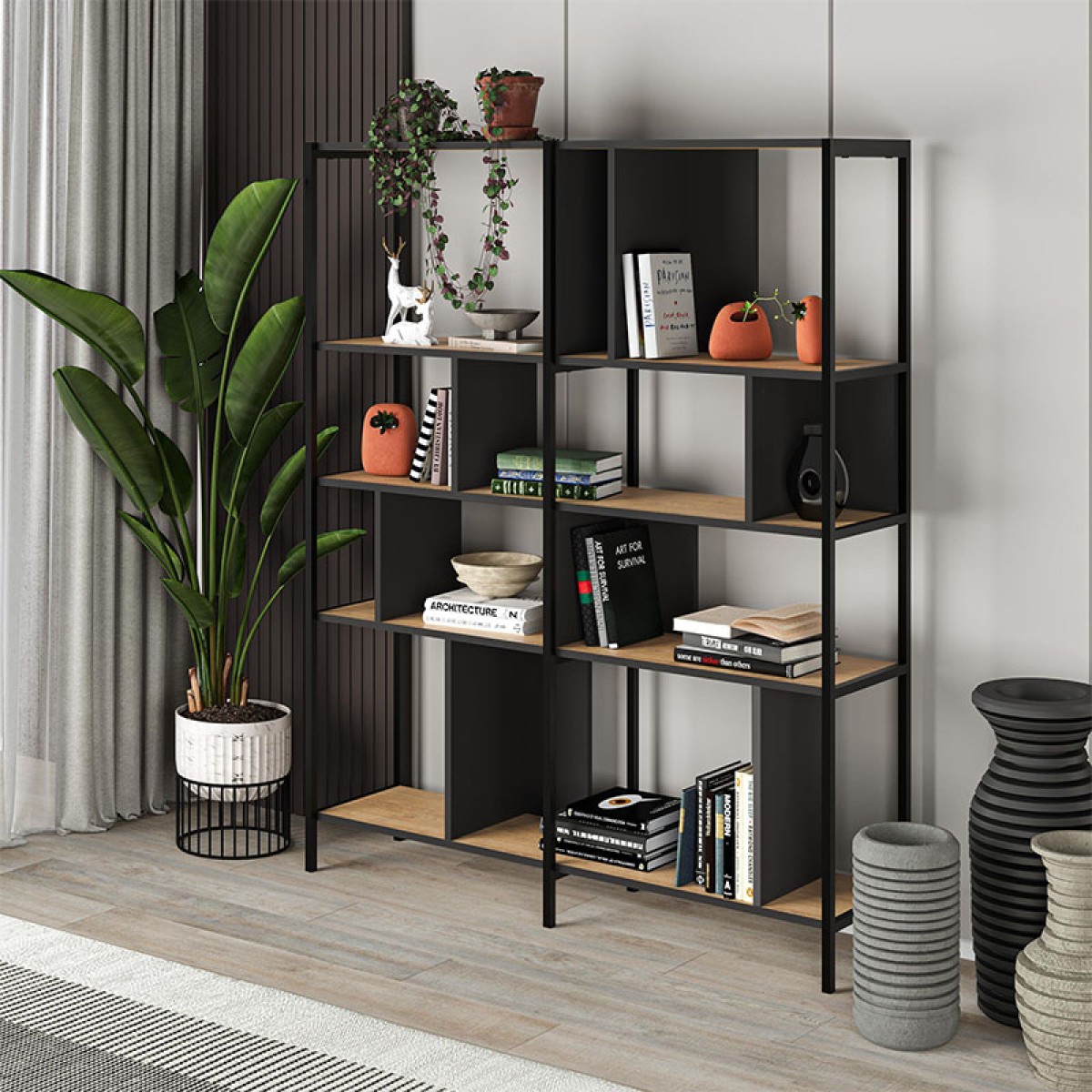 Βιβλιοθήκη Maxi Megapap χρώμα sapphire oak - silky black 144x35x175εκ.