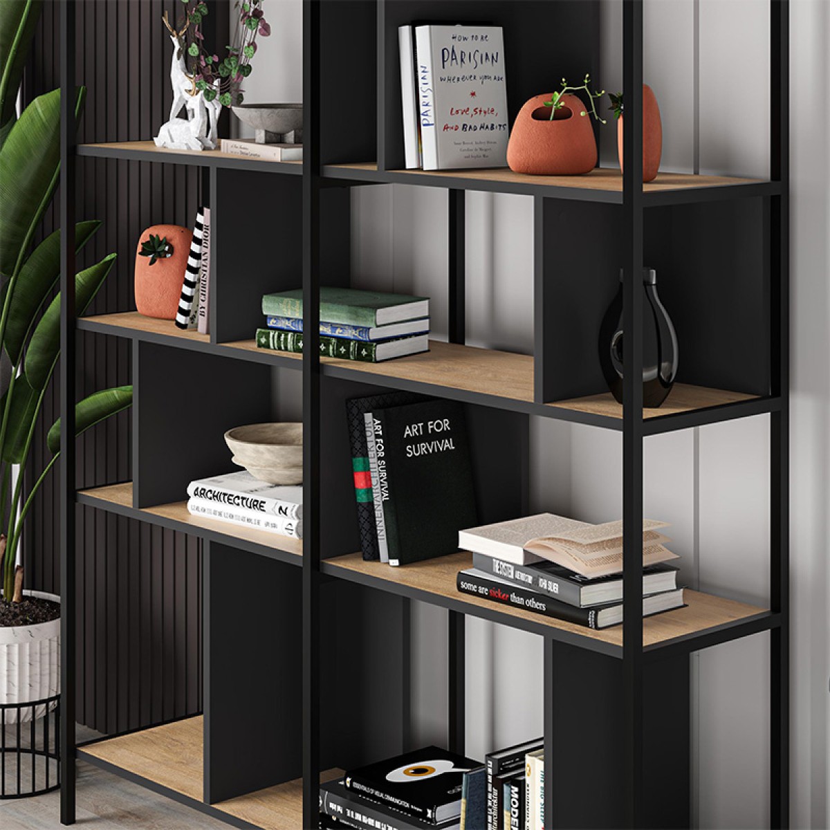 Βιβλιοθήκη Maxi Megapap χρώμα sapphire oak - silky black 144x35x175εκ.