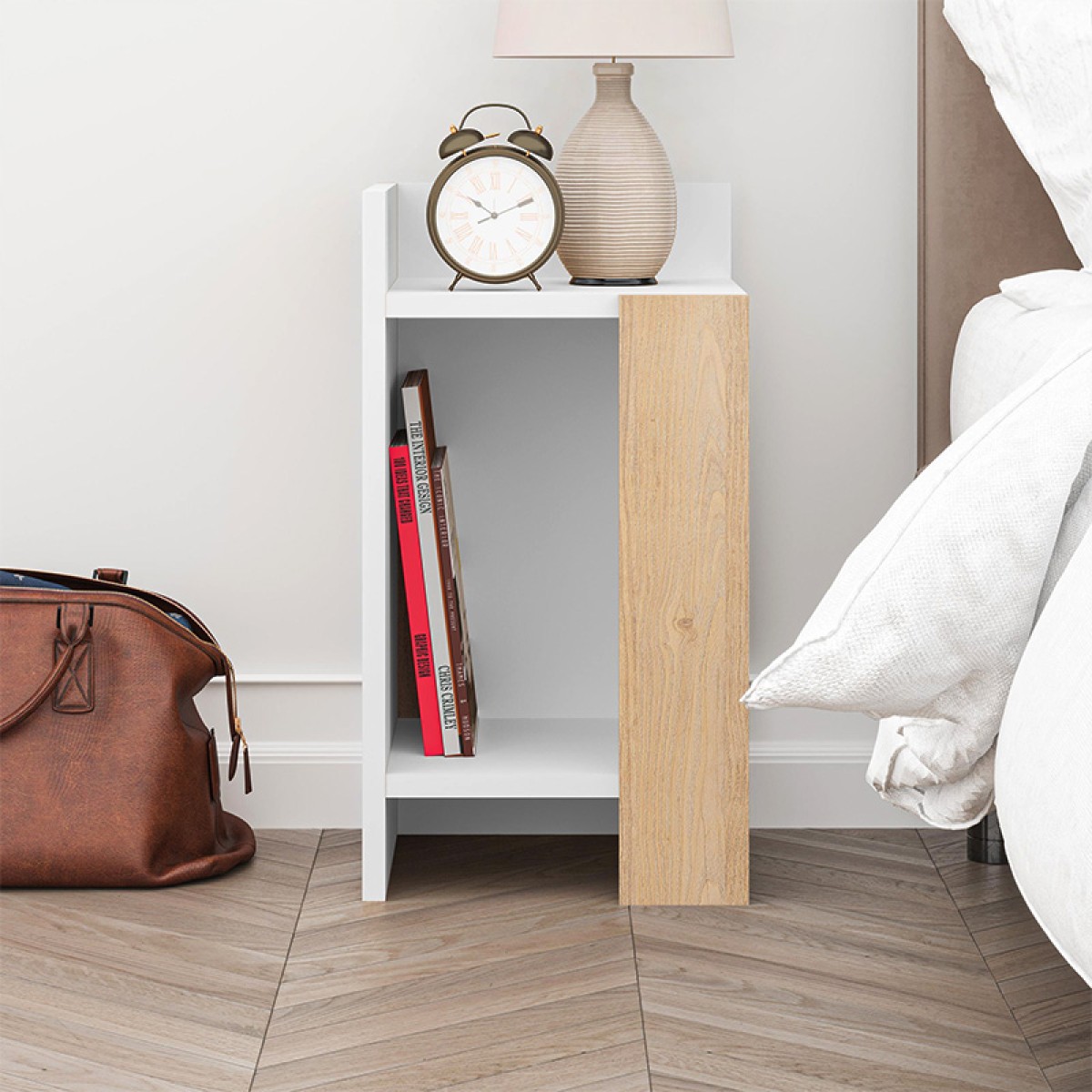 Κομοδίνο Elos Megapap αριστερό χρώμα λευκό - saphhire oak 30x31,7x55εκ.