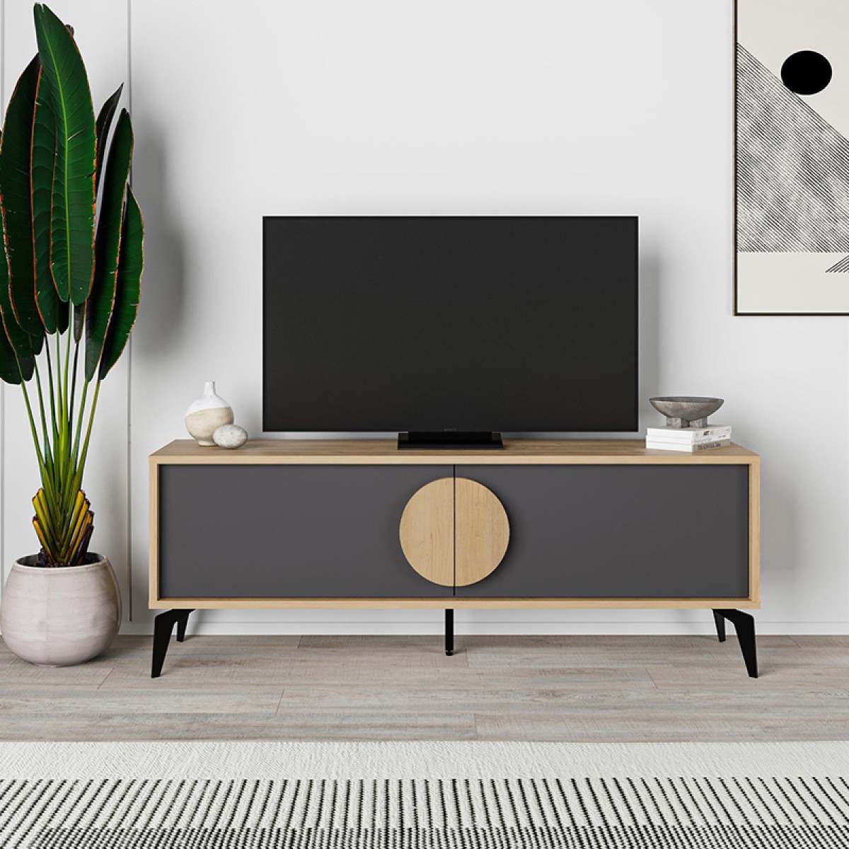 Έπιπλο τηλεόρασης Gora Megapap χρώμα sapphire oak - silky black 140x35,6x51εκ.