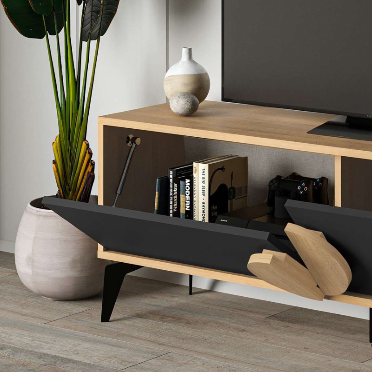 Έπιπλο τηλεόρασης Gora Megapap χρώμα sapphire oak - silky black 140x35,6x51εκ.