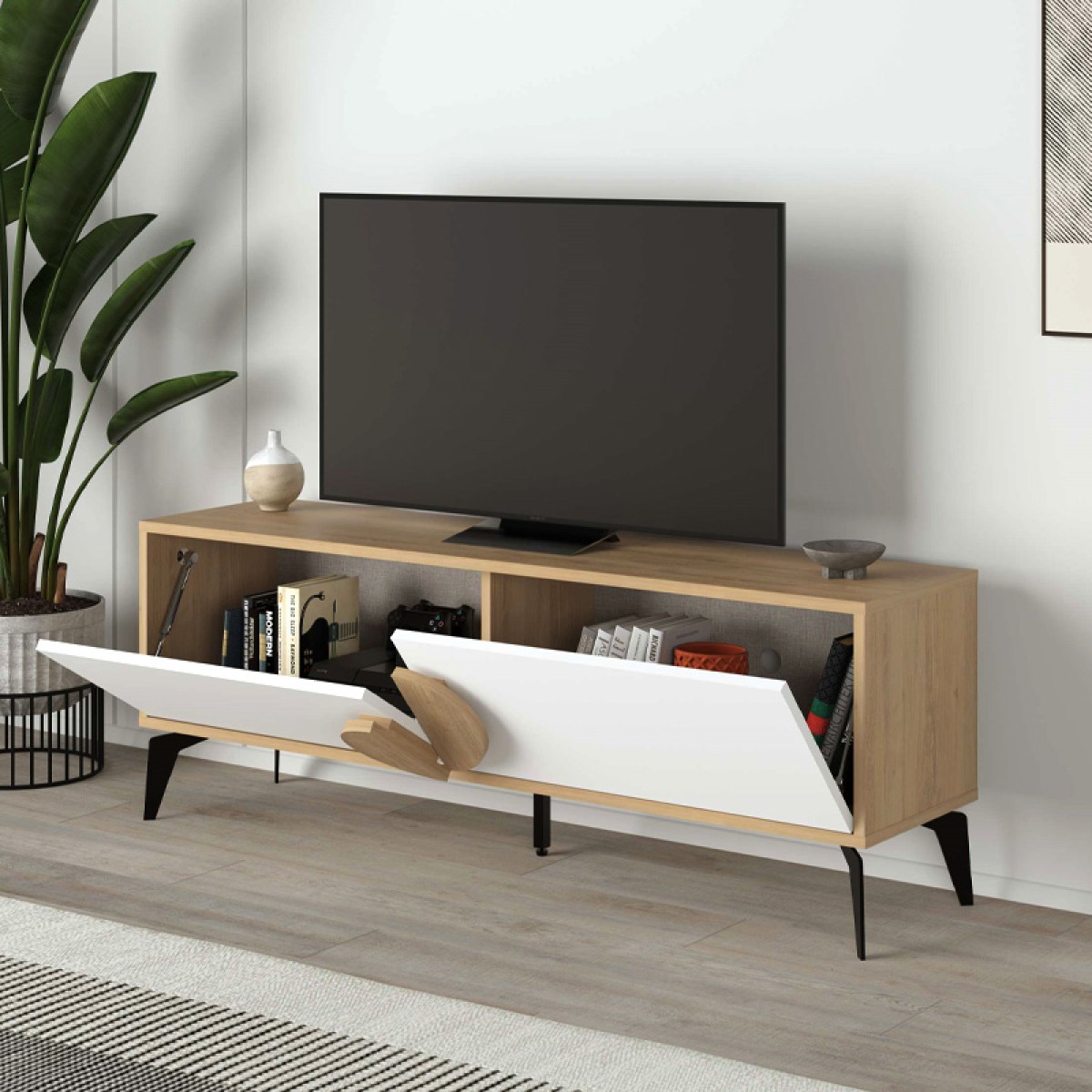 Έπιπλο τηλεόρασης Gora Megapap χρώμα sapphire oak - λευκό 140x35,6x51εκ.
