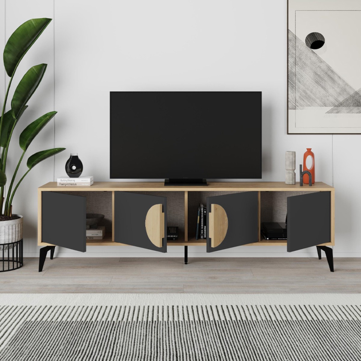 Έπιπλο τηλεόρασης Gora Megapap χρώμα sapphire oak - silky black 180x35,6x51εκ.