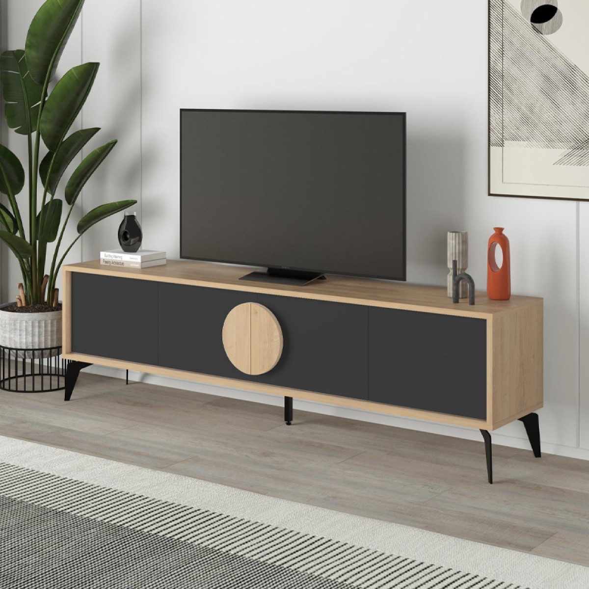 Έπιπλο τηλεόρασης Gora Megapap χρώμα sapphire oak - silky black 180x35,6x51εκ.