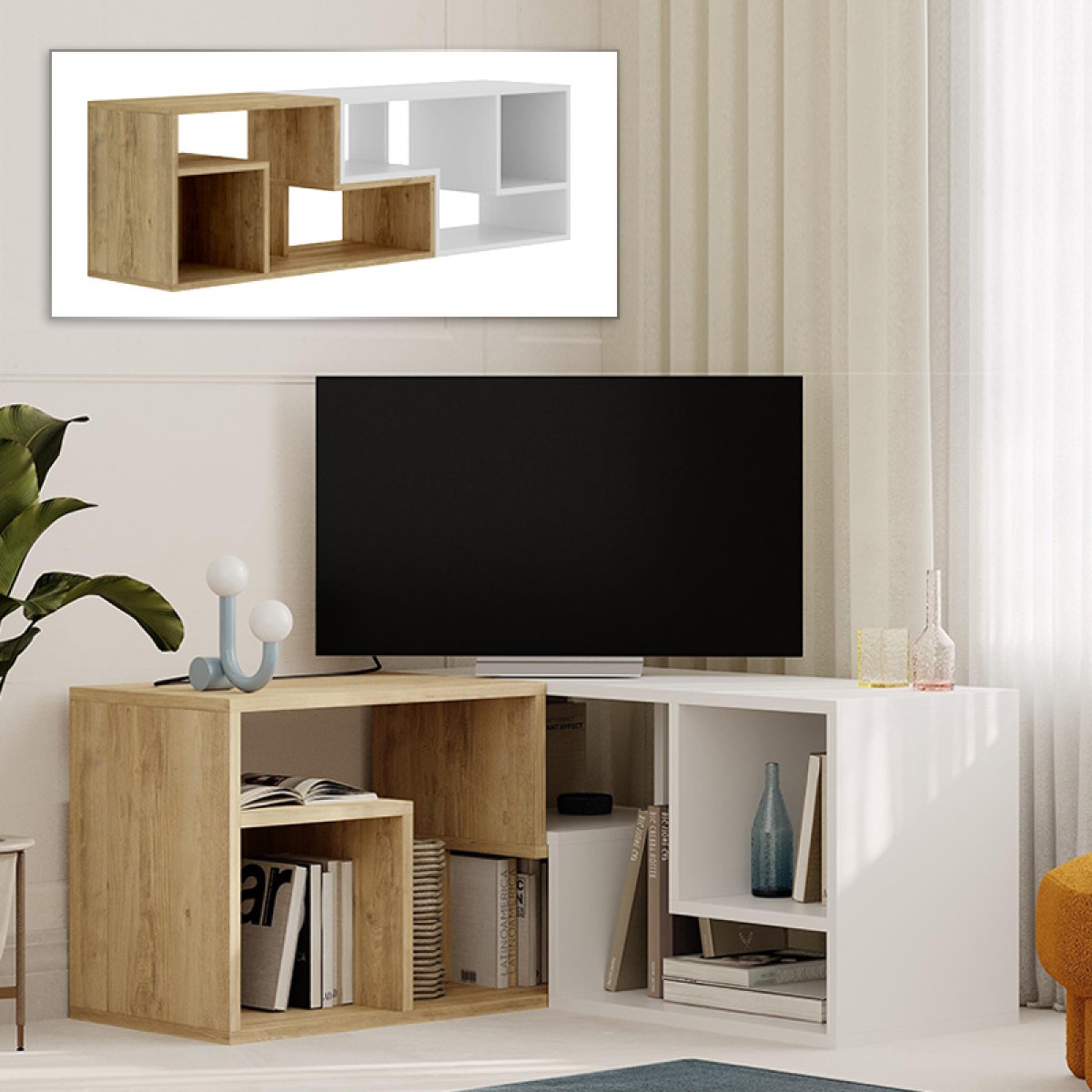 Έπιπλο τηλεόρασης Glis Megapap πολυμορφικό χρώμα sapphire oak - λευκό 145x35x44,8εκ.