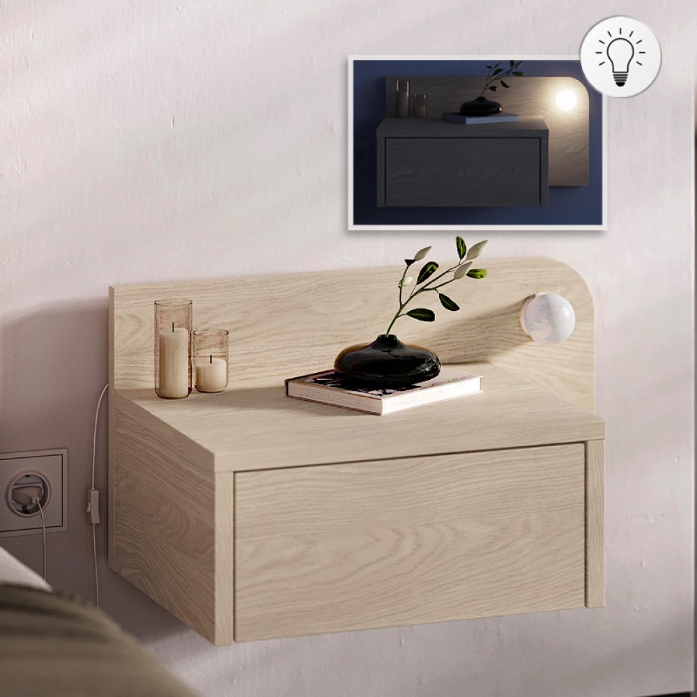 Κομοδίνο επιτοίχιο Dotta Megapap με LED χρώμα light oak 52x33,6x28εκ.
