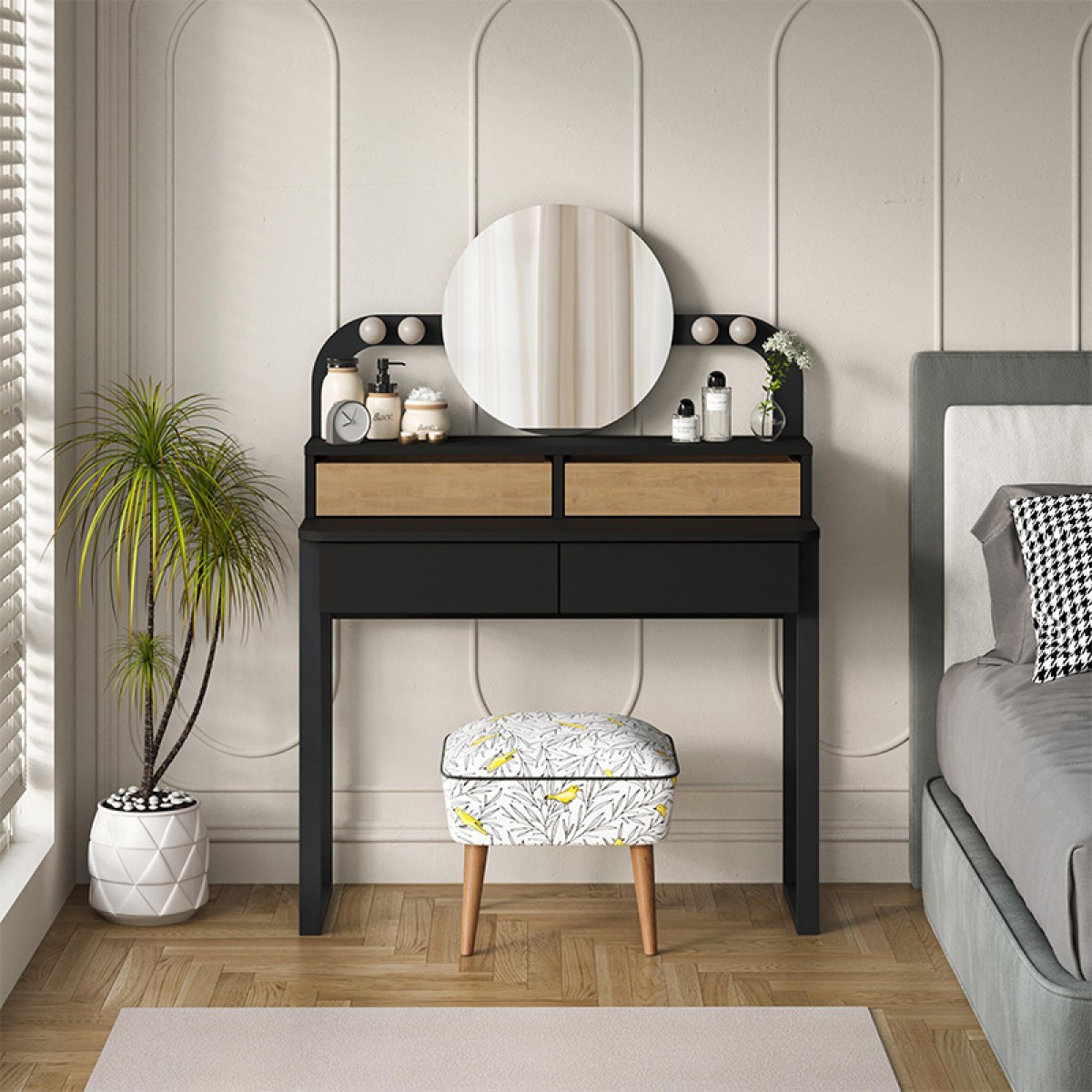 Τουαλέτα με καθρέπτη Lora Megapap με LED χρώμα μαύρο - sapphire oak 96x40x133,4εκ.