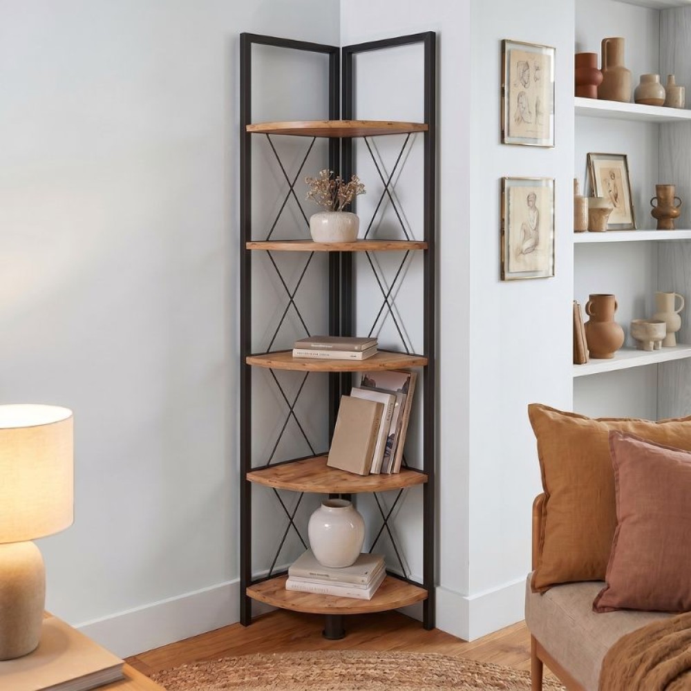Βιβλιοθήκη γωνιακή Kelsie Megapap χρώμα μαύρο - pine oak 33x33x162εκ.