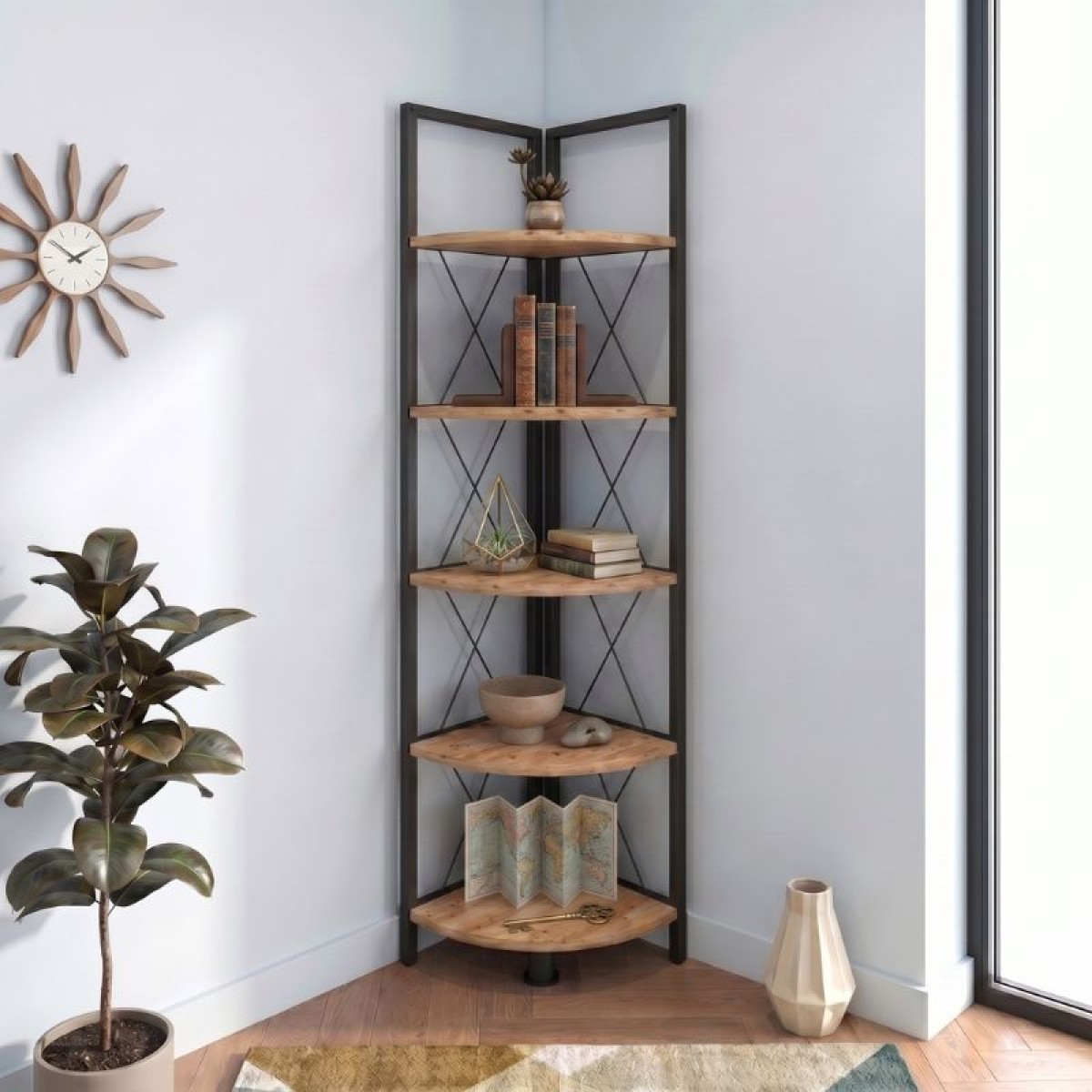 Βιβλιοθήκη γωνιακή Kelsie Megapap χρώμα μαύρο - pine oak 33x33x162εκ.