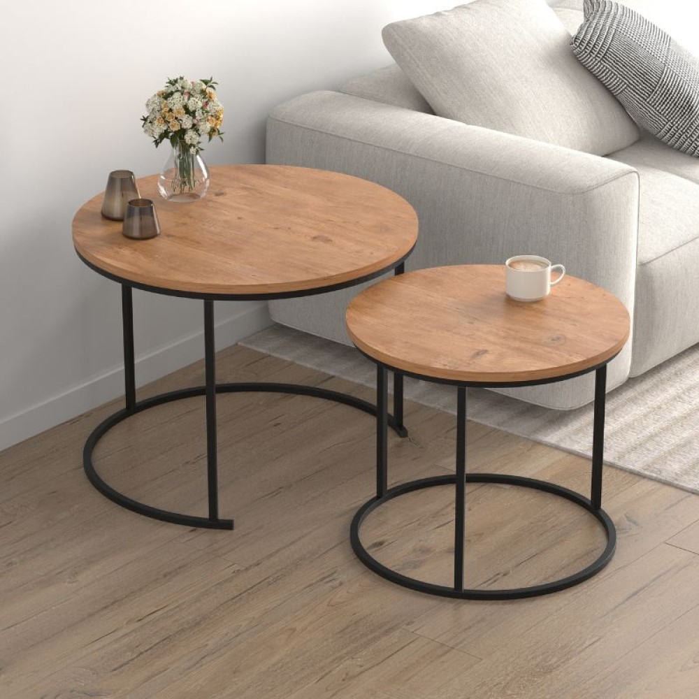 Τραπεζάκι σαλονιού σετ 2 τμχ Hilal Megapap χρώμα pine oak Ø66x49,5εκ.