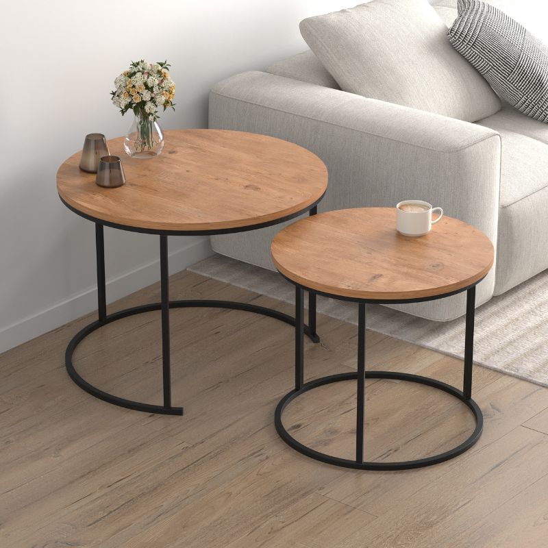 Τραπεζάκι σαλονιού σετ 2 τμχ Hilal Megapap χρώμα pine oak Ø66x49,5εκ.