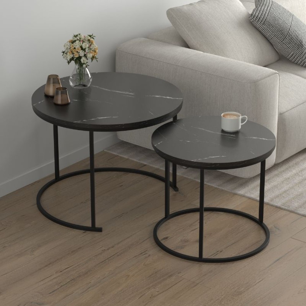 Τραπεζάκι σαλονιού σετ 2 τμχ Hilal Megapap χρώμα μαύρο εφέ μαρμάρου Ø66x49,5εκ.