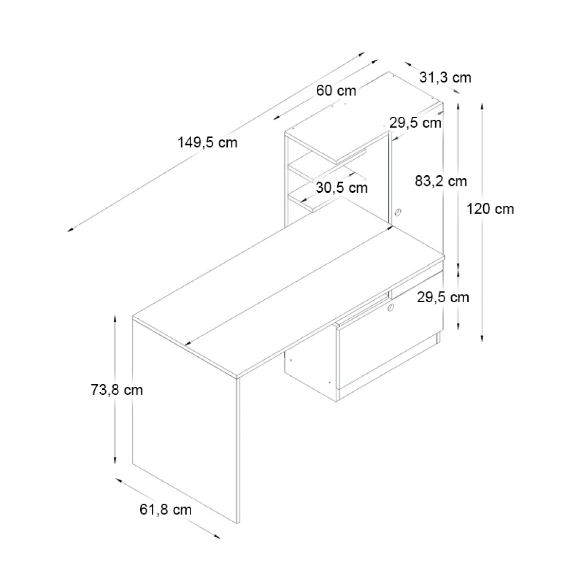 Γραφείο εργασίας Merino Megapap χρώμα λευκό 149,5x61,8x120εκ.