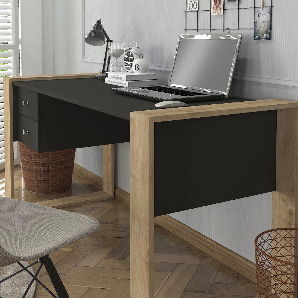 Γραφείο εργασίας Fernando Megapap χρώμα ανθρακί - sapphire oak 158,4x60x72,2εκ.