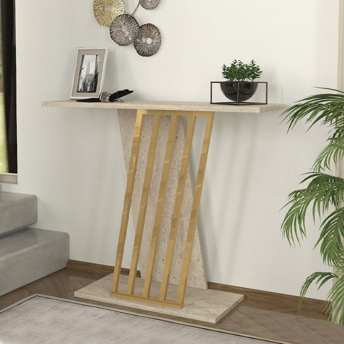 Κονσόλα Gravity Megapap χρώμα travertine - χρυσό 90x29,6x76,8εκ.