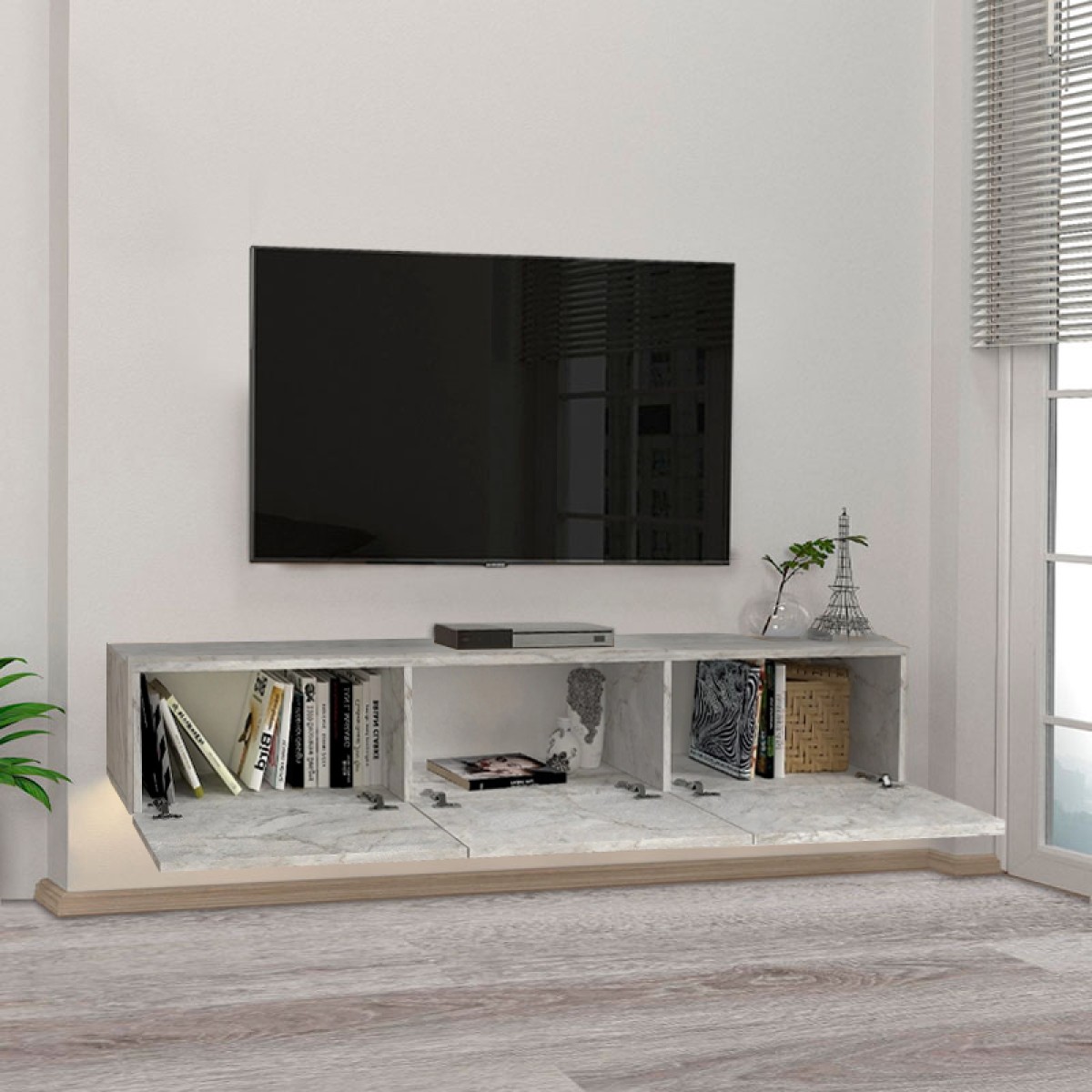 Έπιπλο τηλεόρασης επιτοίχιο Damla Megapap με LED χρώμα λευκό εφέ μαρμάρου 180x29,5x29,5εκ.