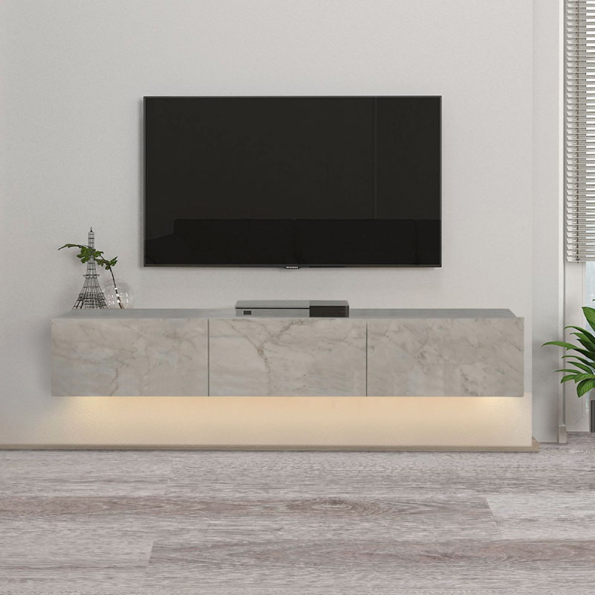 Έπιπλο τηλεόρασης επιτοίχιο Damla Megapap με LED χρώμα λευκό εφέ μαρμάρου 180x29,5x29,5εκ.