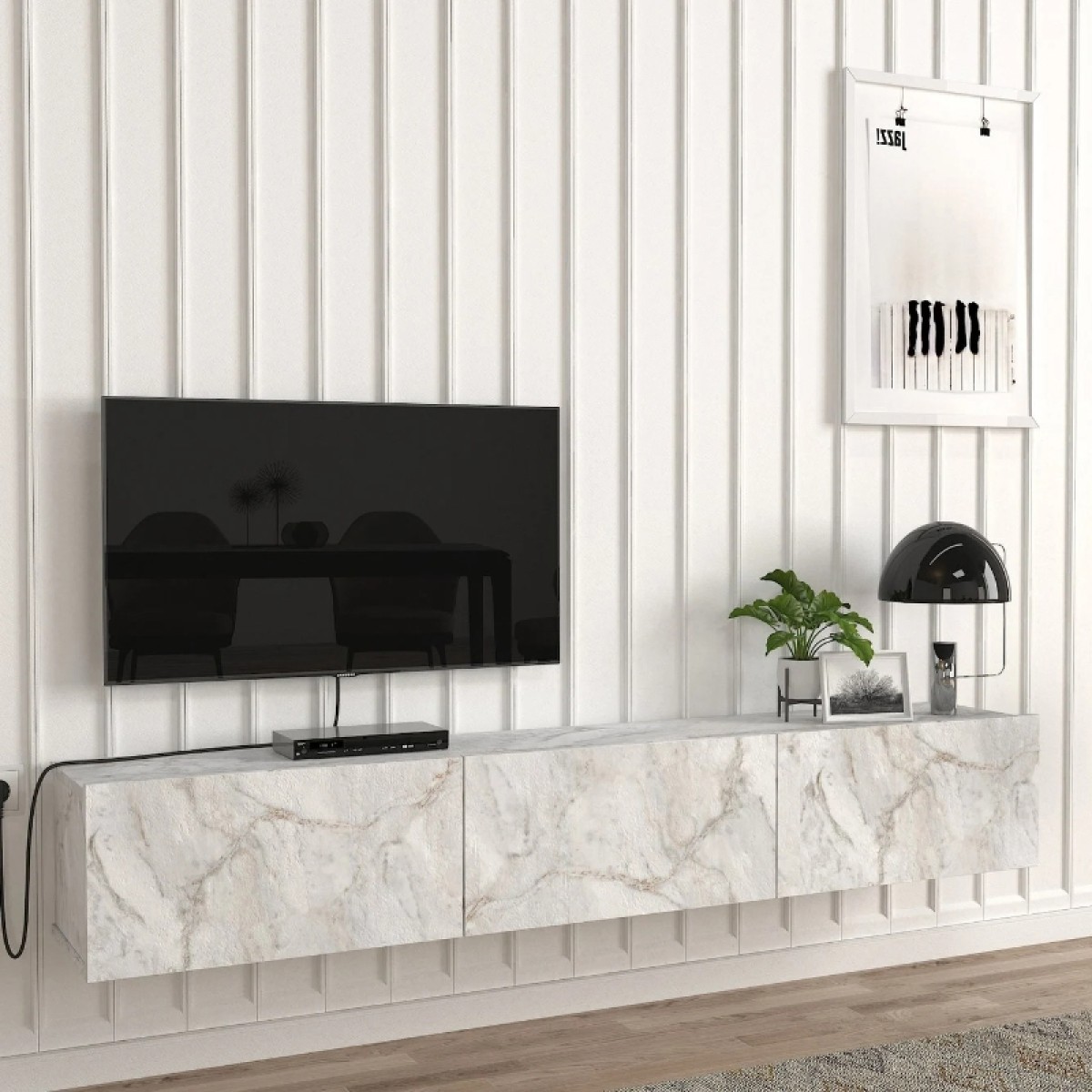 Έπιπλο τηλεόρασης επιτοίχιο Damla Megapap με LED χρώμα λευκό εφέ μαρμάρου 180x29,5x29,5εκ.