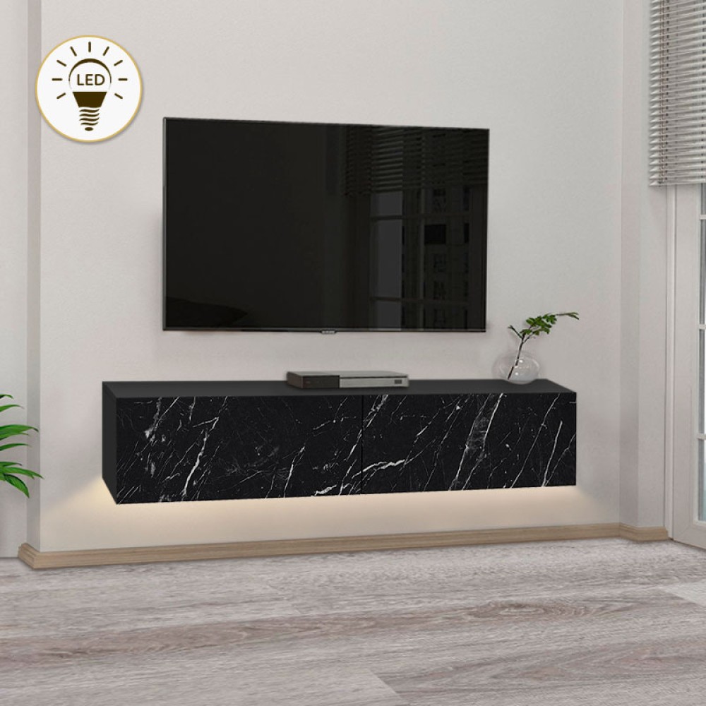Έπιπλο τηλεόρασης επιτοίχιο Aristo Megapap με LED χρώμα μαύρο - εφέ μαρμάρου 135x31,6x25εκ.