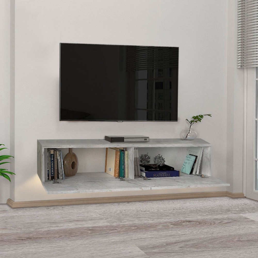 Έπιπλο τηλεόρασης επιτοίχιο Aristo Megapap με LED χρώμα λευκό εφέ μαρμάρου 135x31,6x25εκ.