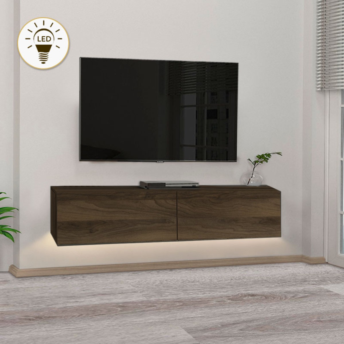 Έπιπλο τηλεόρασης επιτοίχιο Aristo Megapap με LED χρώμα καρυδί 135x31,6x25εκ.