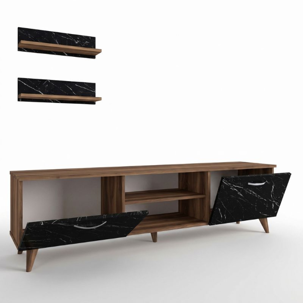 Έπιπλο τηλεόρασης Geacles Megapap από μελαμίνη χρώμα καρυδί - μαύρο εφέ μαρμάρου 180x40x50εκ.
