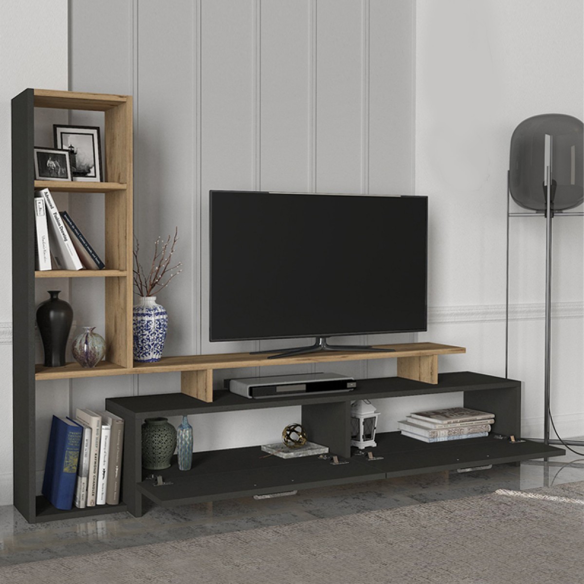 Σύνθεση τηλεόρασης Simal Megapap με LED χρώμα ανθρακί - sepet oak 168,2x31,3x120εκ.