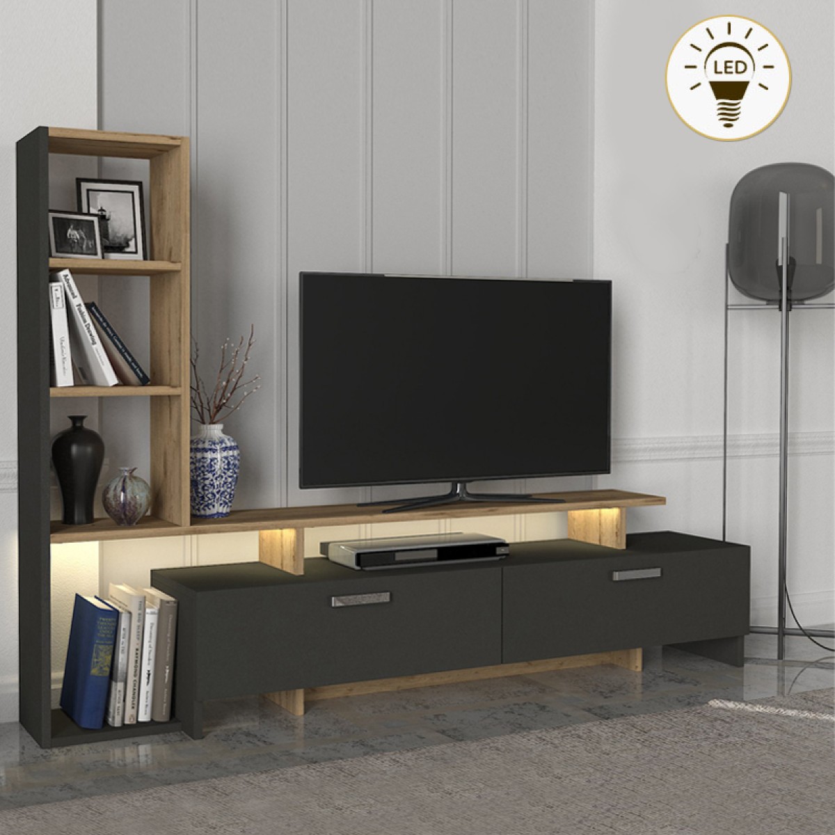Σύνθεση τηλεόρασης Simal Megapap με LED χρώμα ανθρακί - sepet oak 168,2x31,3x120εκ.