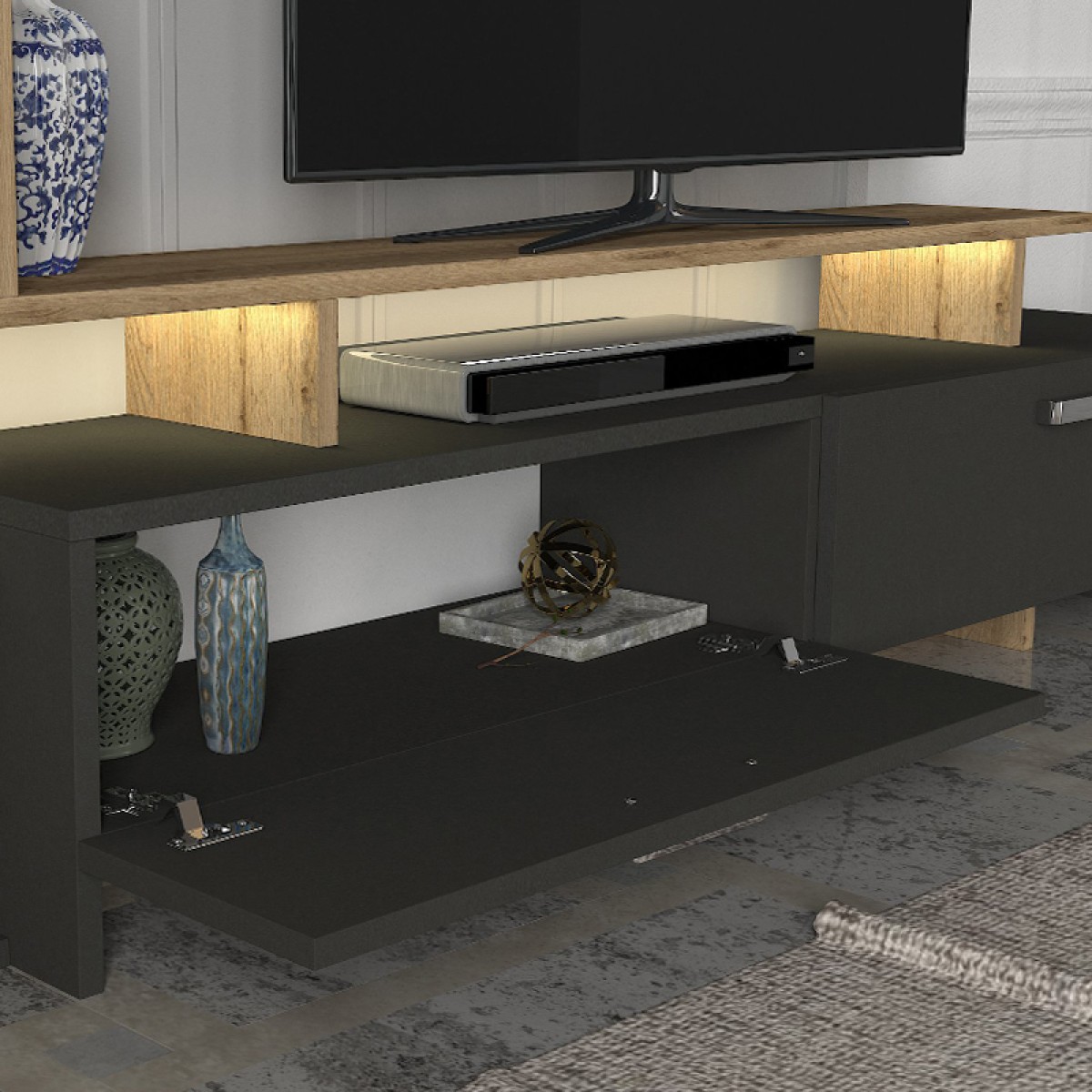 Σύνθεση τηλεόρασης Simal Megapap με LED χρώμα ανθρακί - sepet oak 168,2x31,3x120εκ.