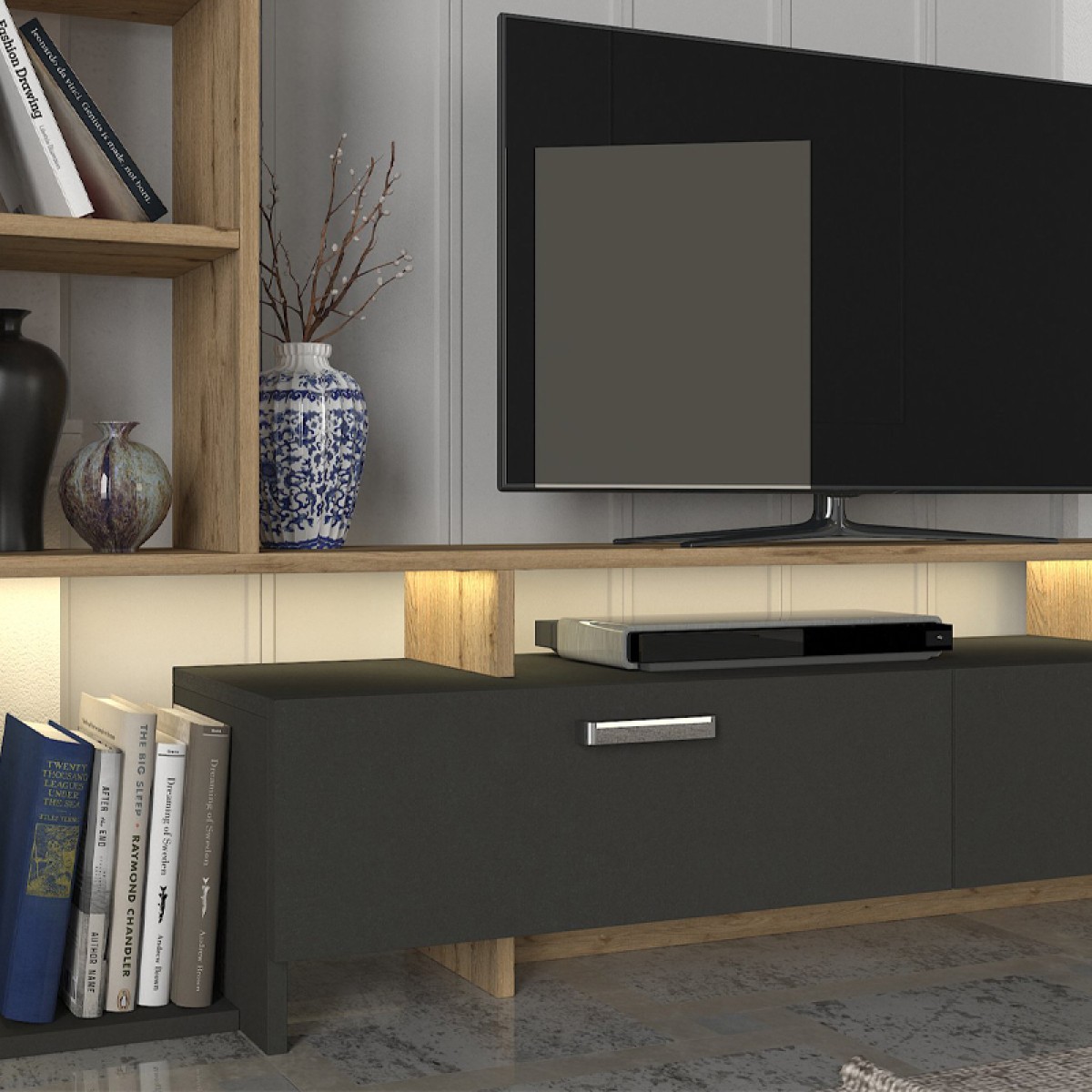 Σύνθεση τηλεόρασης Simal Megapap με LED χρώμα ανθρακί - sepet oak 168,2x31,3x120εκ.