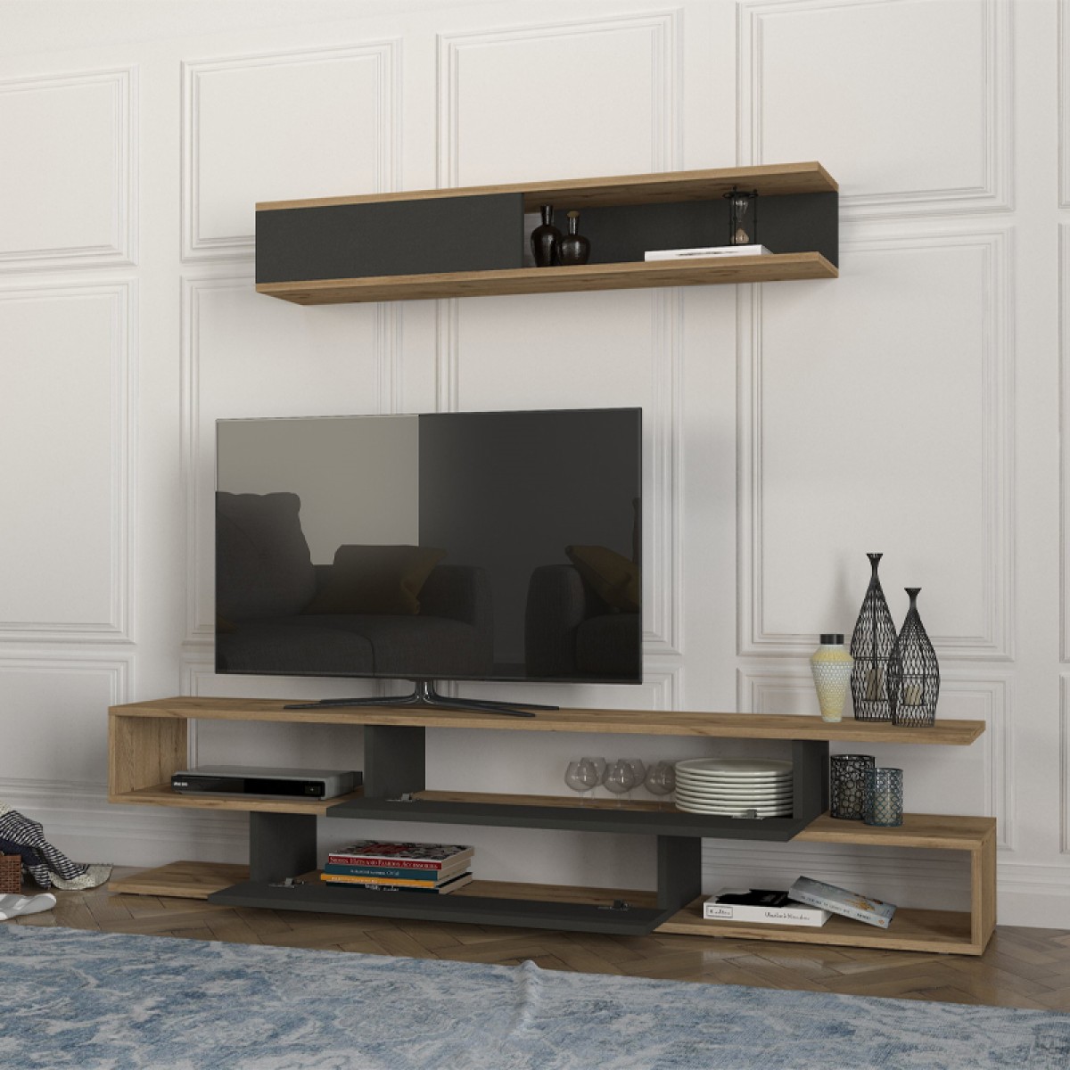 Σύνθεση τηλεόρασης Manet Megapap με LED χρώμα sepet oak - ανθρακί 180x29,5x39εκ.