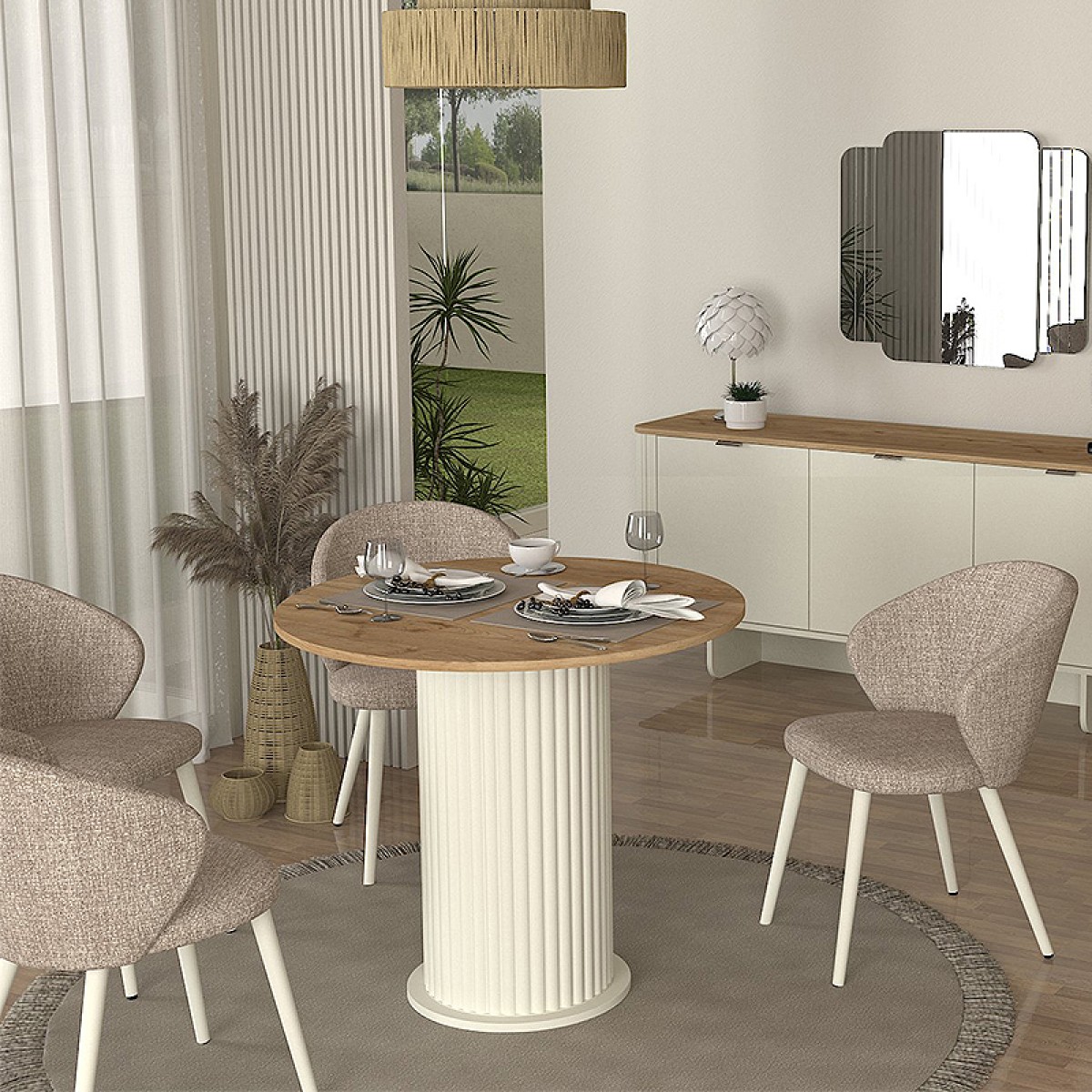 Τραπέζι Bohema Megapap χρώμα ivory - sepet oak Ø90x77,7εκ.