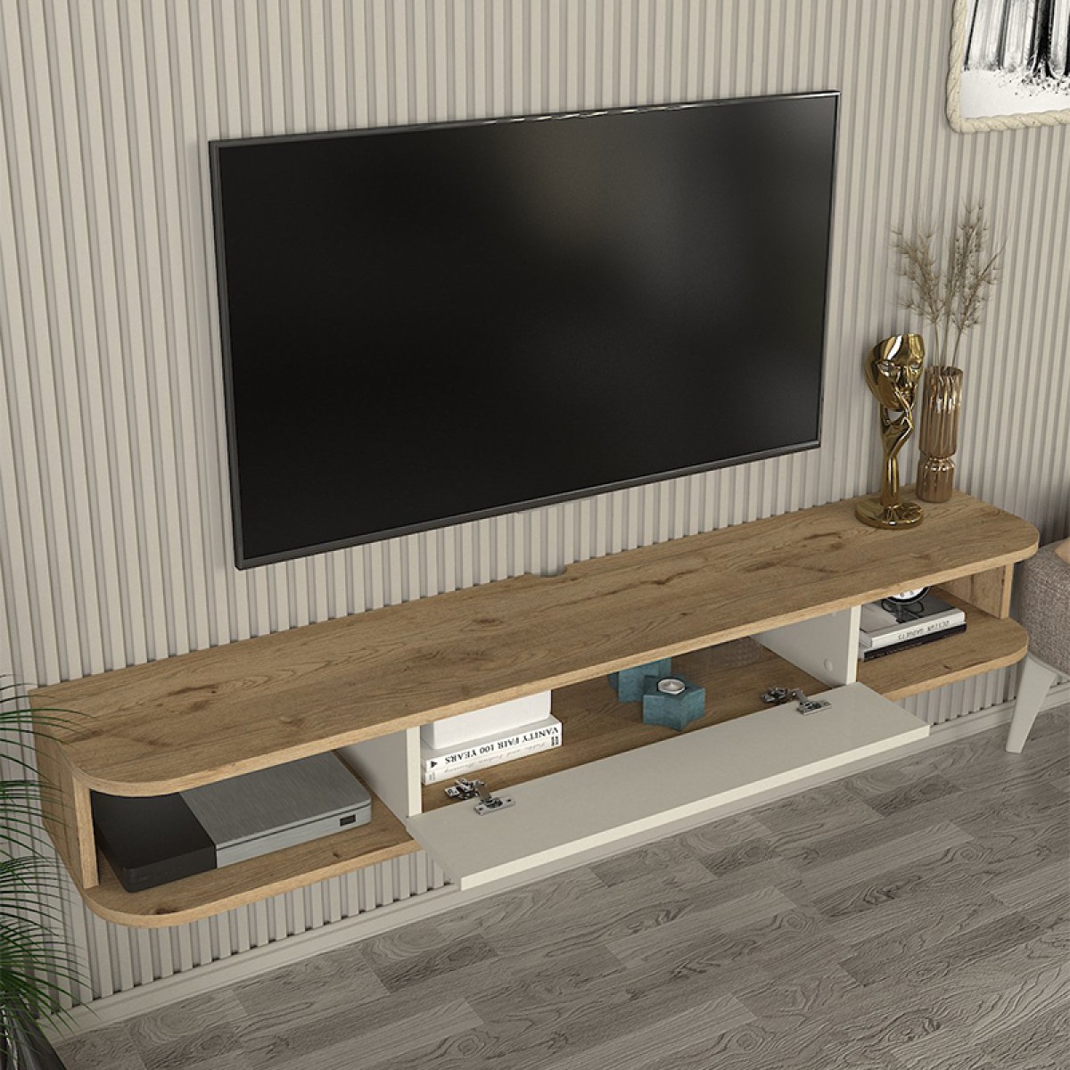 Έπιπλο τηλεόρασης επιτοίχιο Cross Megapap με LED χρώμα sepet oak - sandstone 150x29,6x19,2εκ.