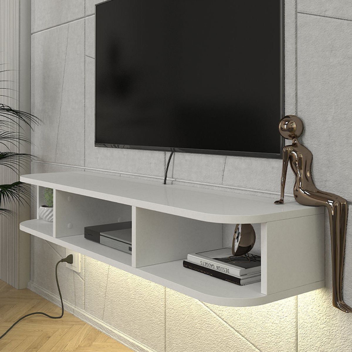 Έπιπλο τηλεόρασης επιτοίχιο Bask Megapap με LED χρώμα λευκό 120x29,6x19,2εκ.