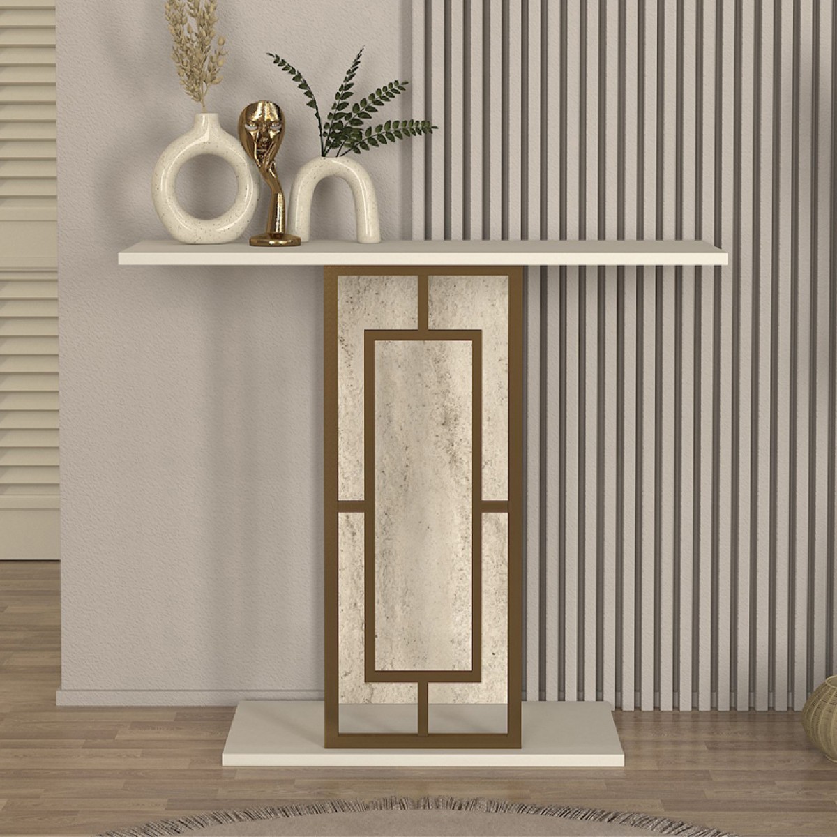 Κονσόλα Alderas Megapap χρώμα sandstone - travertine - χρυσό 90x29,6x76,8εκ.