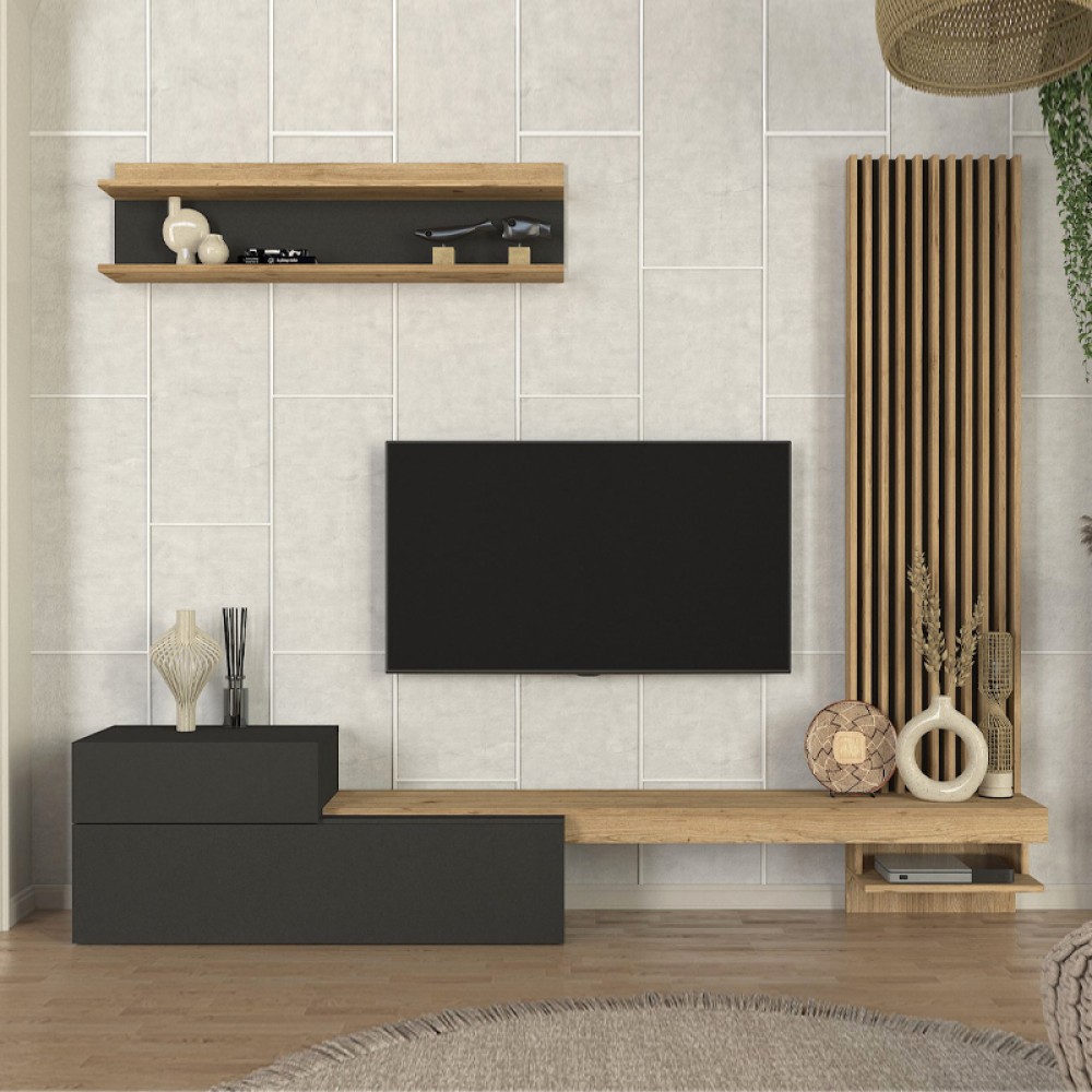 Σύνθεση τηλεόρασης Dumont Megapap χρώμα ανθρακί - sepet oak 240x36,8x200εκ.