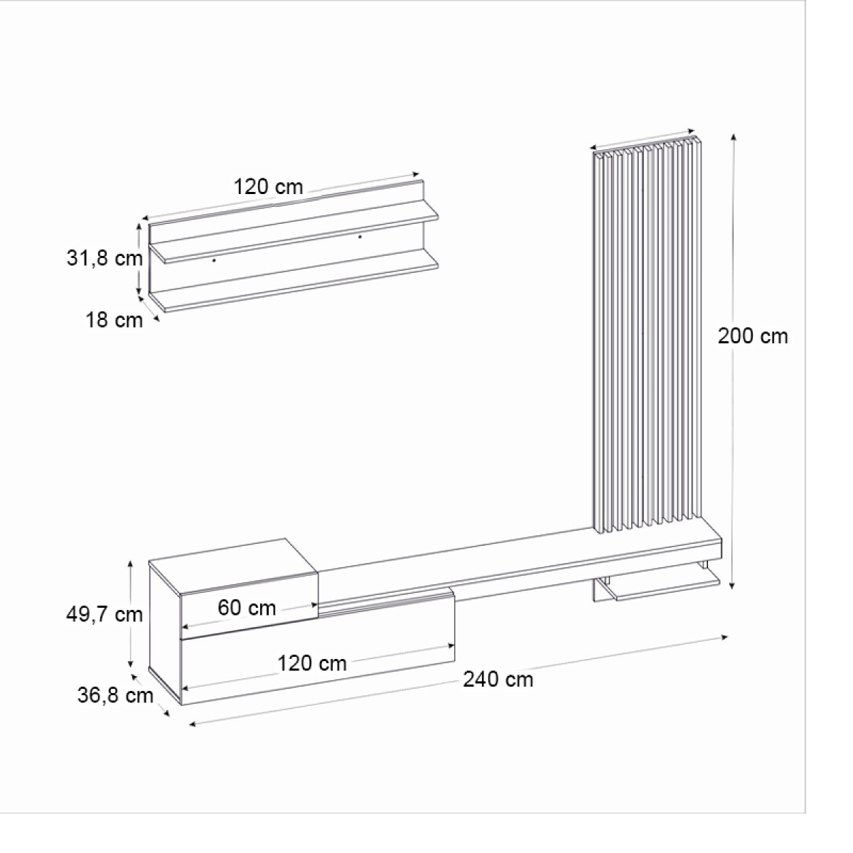 Σύνθεση τηλεόρασης Dumont Megapap χρώμα ανθρακί - sepet oak 240x36,8x200εκ.