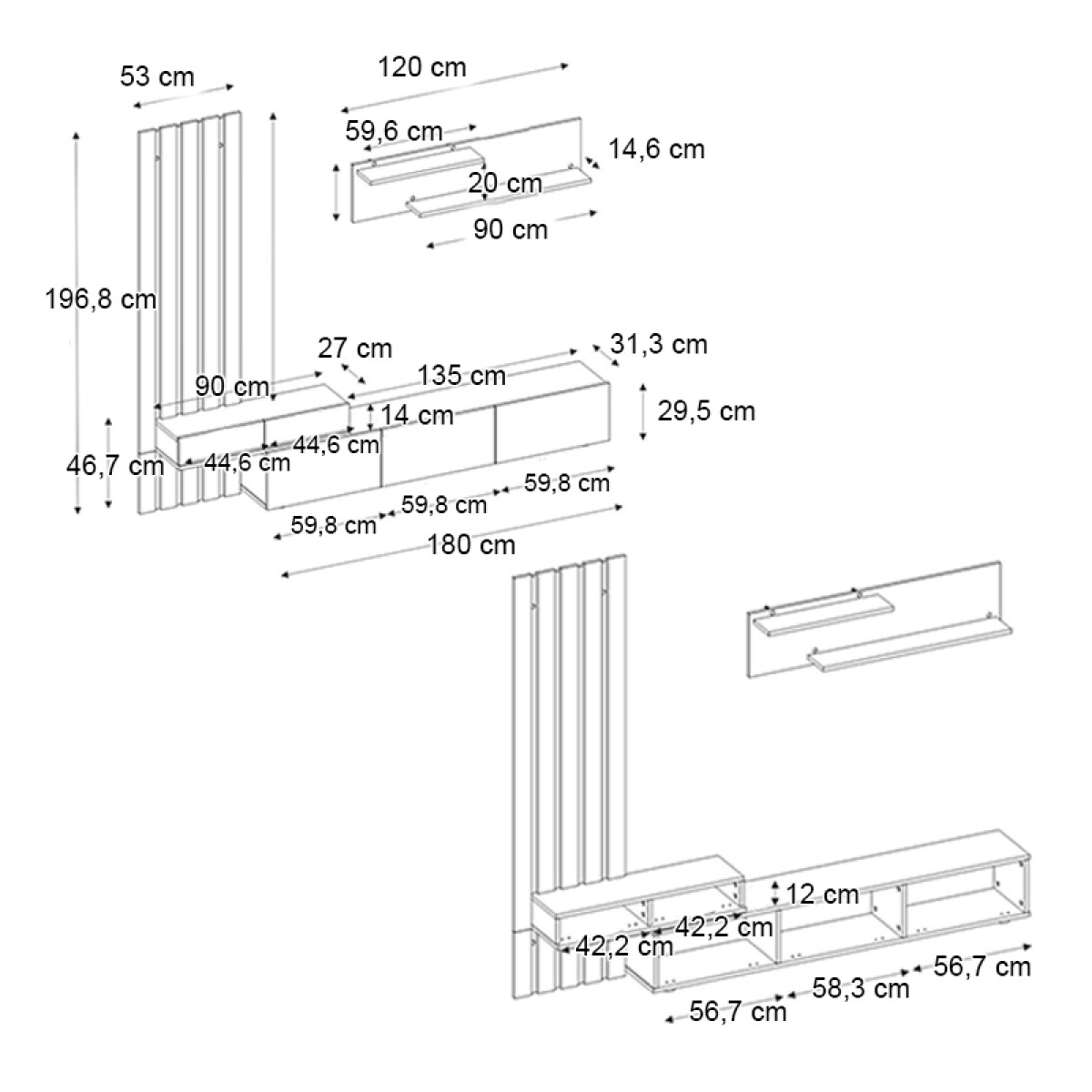 Σύνθεση τηλεόρασης Rosaline Megapap χρώμα ανθρακί - sepet oak 233x31,3x196,8εκ.
