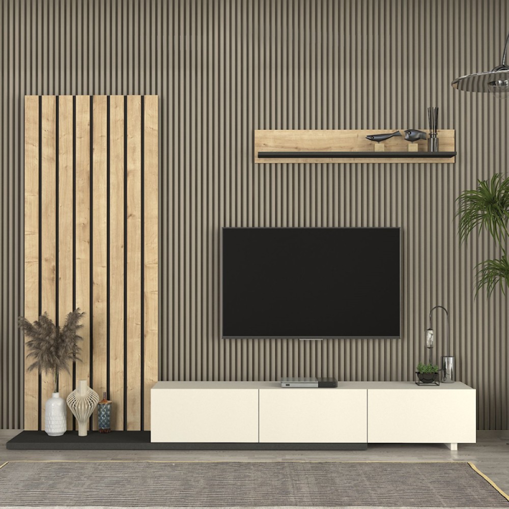 Σύνθεση τηλεόρασης Nagini Megapap χρώμα ivory - sapphire oak - ανθρακί 260x39,4x203,6εκ.