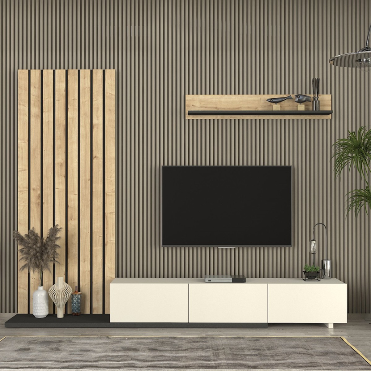 Σύνθεση τηλεόρασης Nagini Megapap χρώμα ivory - sapphire oak - ανθρακί 260x39,4x203,6εκ.
