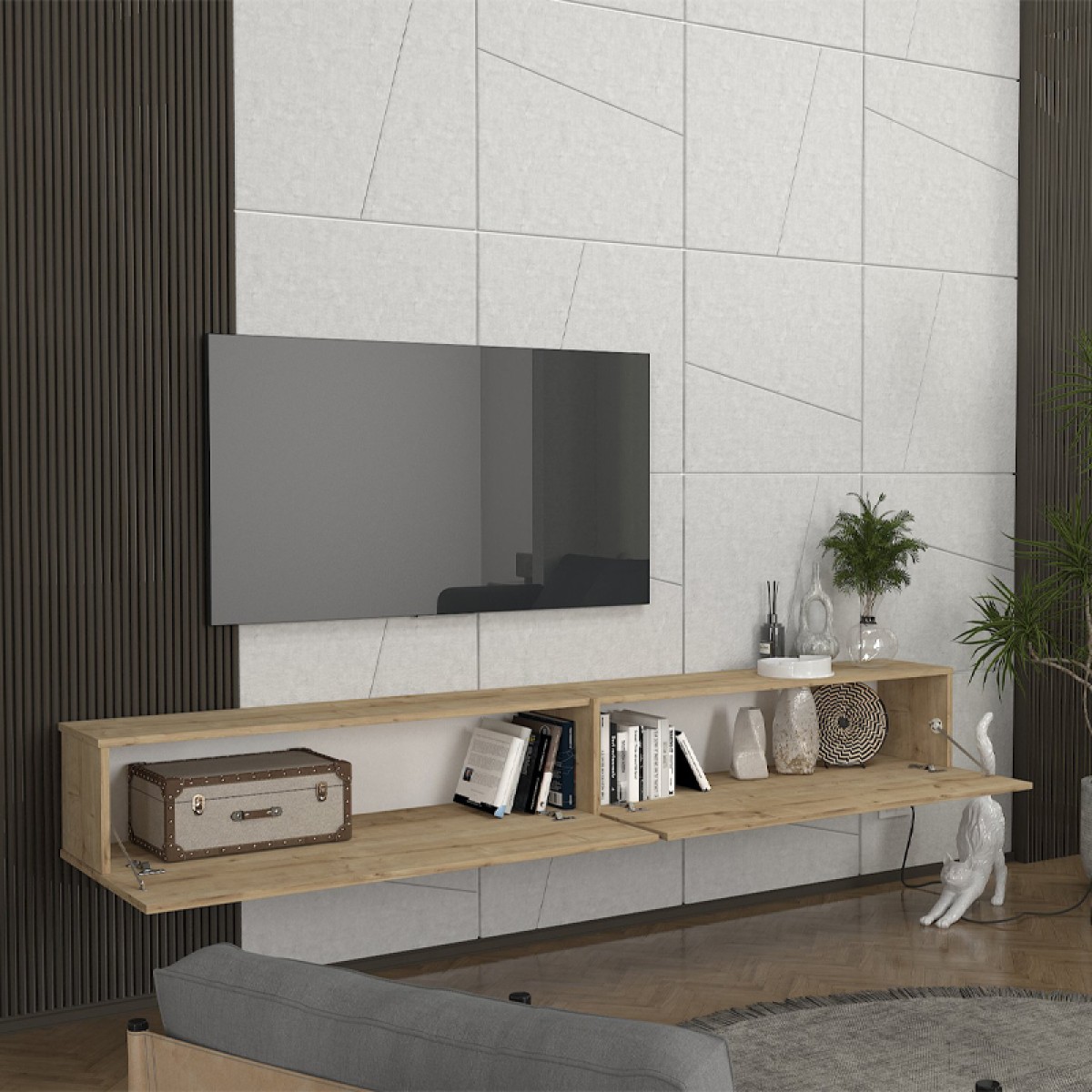 Έπιπλο τηλεόρασης επιτοίχιο Espanse Megapap χρώμα sapphire oak 241,8x31,7x30εκ.