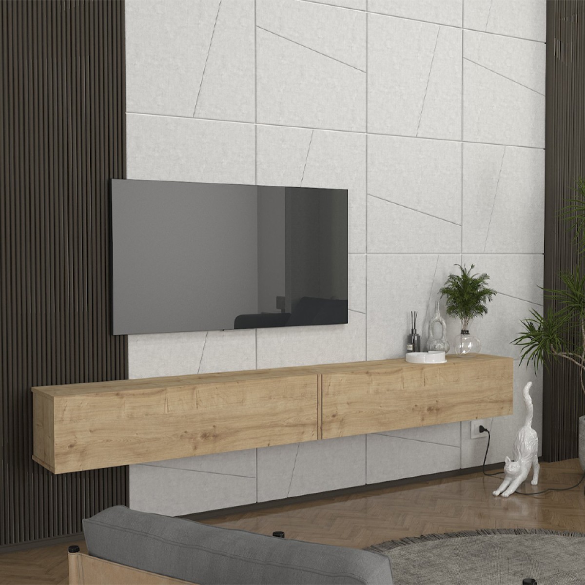 Έπιπλο τηλεόρασης επιτοίχιο Espanse Megapap χρώμα sapphire oak 241,8x31,7x30εκ.